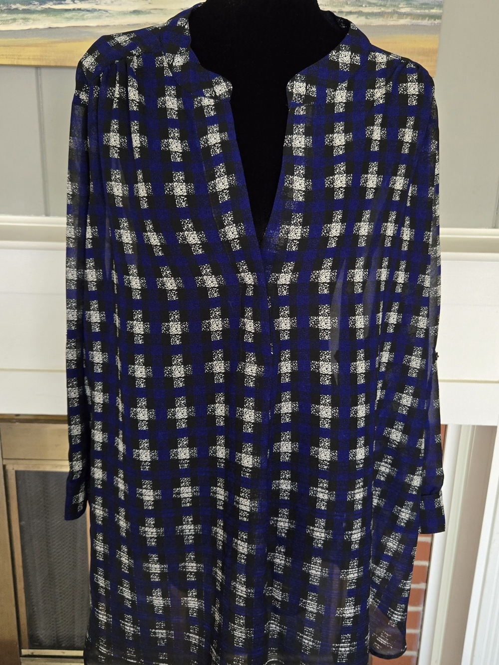 Plaid Tunic Blouse in Black, Royal Blue & White